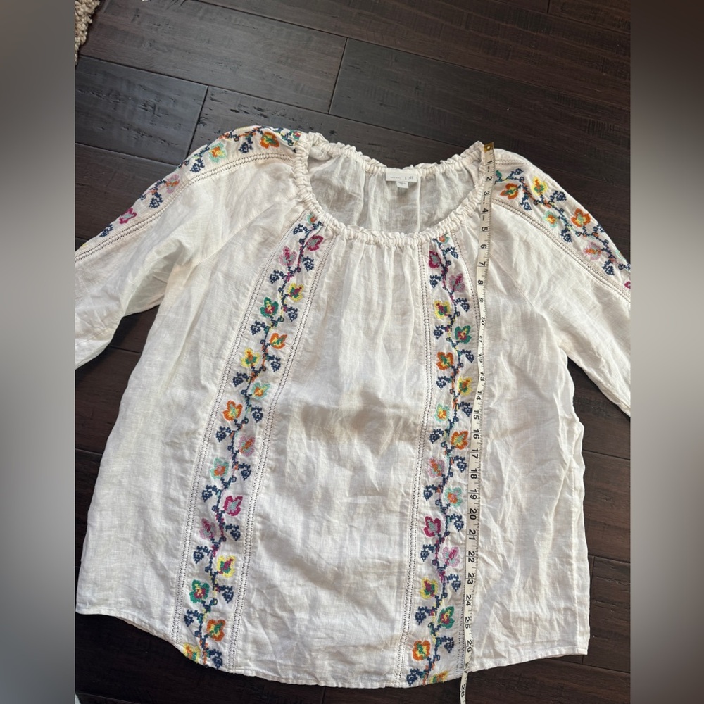 J Jill linen embroidered flowy whimsical white floral blouse size L luxury chic - Picture 4 of 9